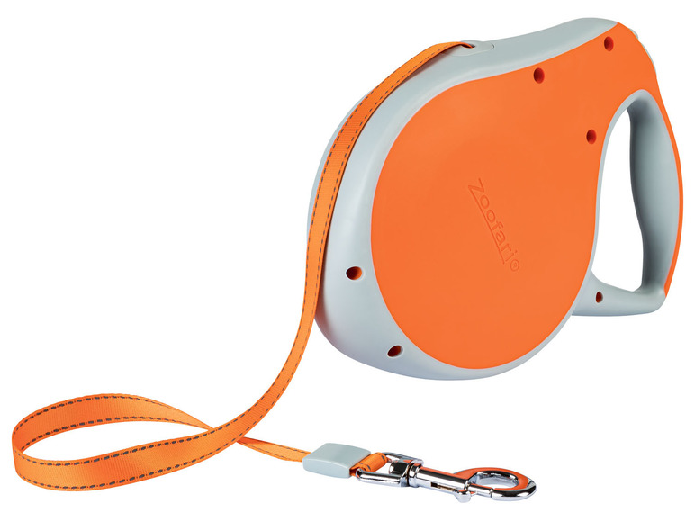 Une laisse pour chien orange et grise avec une bobine intégrée, de la marque Zooafario.