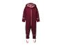 Combinaison softshell bordeaux pour enfant avec capuche, fermeture éclair et bandes réfléchissantes.