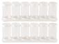 Deux rangées de six pots à épices transparents avec des couvercles blancs.