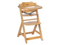 Une chaise haute en bois Safety 1st avec un plateau et un harnais de sécurité.