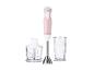 Mixeur plongeant rose SILVERCREST avec accessoires hachoir et verre doseur.
