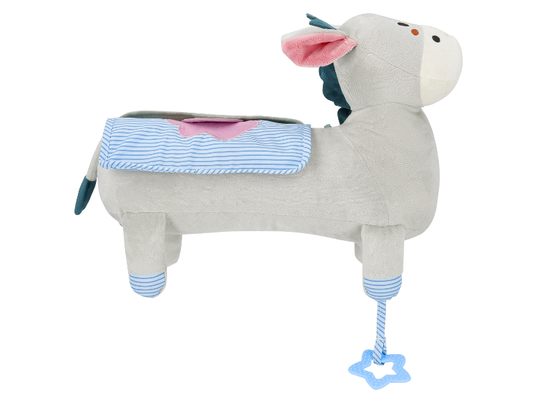 Adorable âne en peluche gris avec des rayures bleu et blanc et un anneau de dentition en forme d'étoile.
