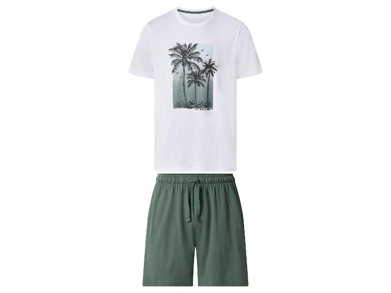 T-shirt blanc homme imprimé palmiers et short vert, texte 'Tropical Summer'.