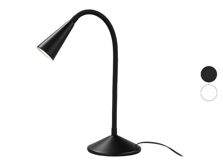 Lampe de table LED noire avec bras flexible et base ronde, avec options de couleur noire et blanche.