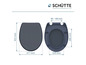 Deux abattants de toilettes Schütte bleu foncé avec dimensions.