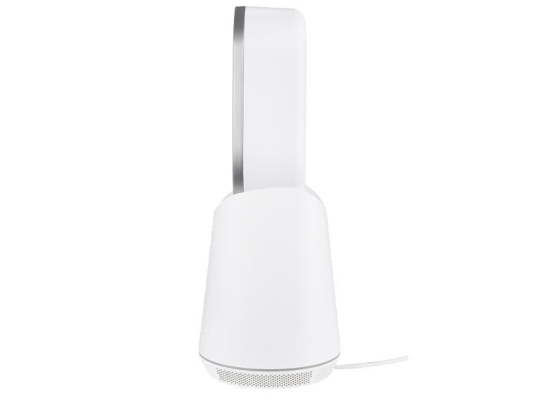 Purificateur d'air blanc au design élégant et moderne avec un cordon d'alimentation visible.