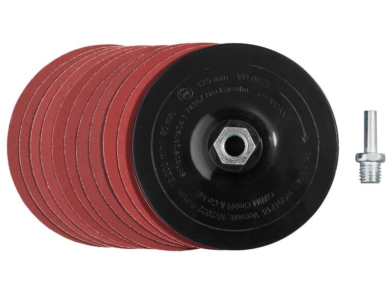Ensemble de disques abrasifs avec plateau de support et adaptateur, diamètre 125 mm, 80 m/s, 12 200 tr/min.