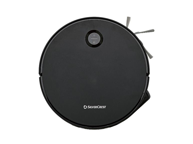 Aspirateur robot rond noir avec boutons de commande et brosses latérales.