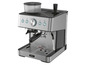 Une machine à espresso Beem argentée avec un réservoir à grains transparent.