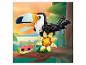 Un toucan Lego coloré, une fleur et une tranche de pastèque sur fond tropical.