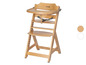 Une chaise haute en bois Safety 1st avec un plateau et un harnais 5 points.