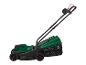 Tondeuse à gazon électrique verte avec des détails noirs et des accents rouges.