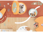 Jouet en bois avec horloge, figurines d'animaux (raton laveur, abeille, coccinelle, hérisson) et éléments coulissants.