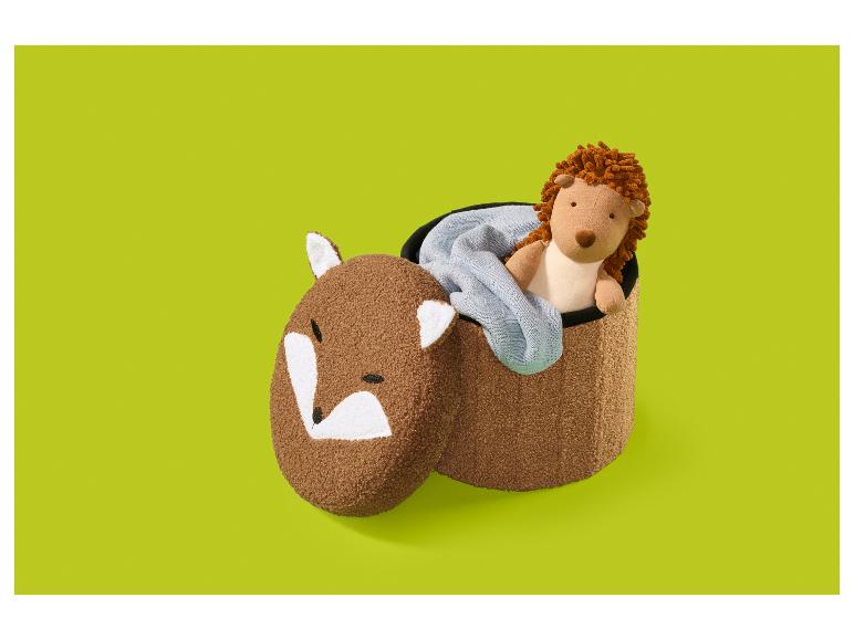 Boîte de rangement en peluche en forme de renard avec hérisson et couverture.