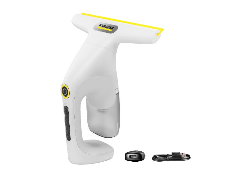 Nettoyeur de vitres sans fil blanc et jaune avec chargeur et câble USB.