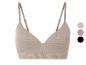 Soutien-gorge beige côtelé avec bretelles réglables.