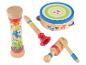 Tambourin, hochet, flûte et claves en bois pour enfants.