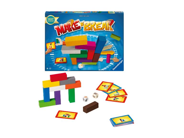 Jeu de société Make 'n' Break avec des blocs colorés, des cartes et des dés.