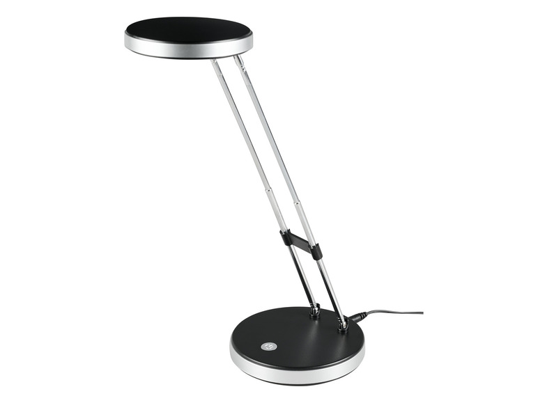 Une lampe de bureau noire avec un bras flexible et une base ronde.
