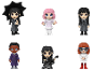 Six figurines de collection des personnages de la série, dont Mercredi Addams.