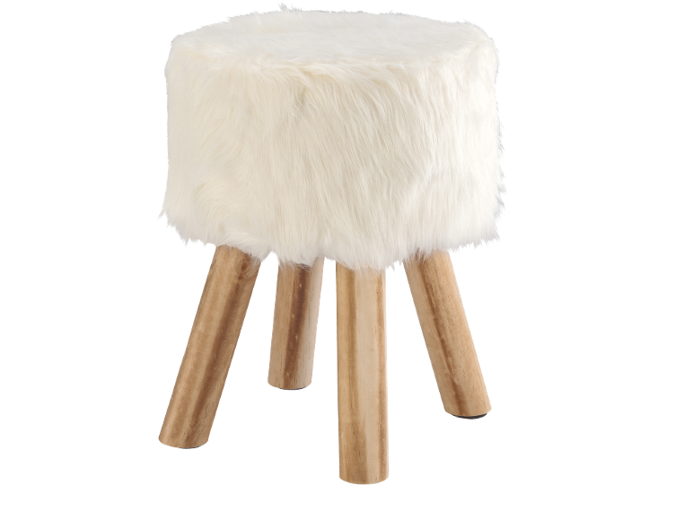 Tabouret blanc en fausse fourrure avec pieds en bois