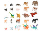 Une collection d'animaux en jouet, dont des chevaux, des dinosaures et des créatures fantastiques.
