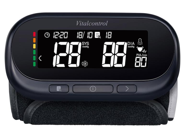Tensiomètre numérique Vitalcontrol avec grand écran et brassard noir.