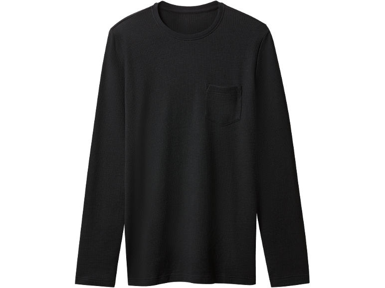 T-shirt noir à manches longues pour homme avec col rond et poche poitrine.