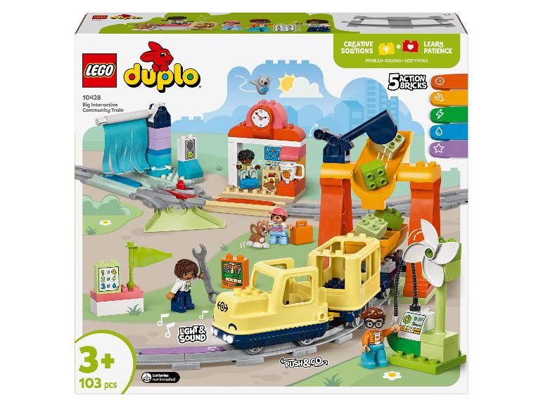 Boîte LEGO Duplo 10428 Grand Train Communautaire Interactif, avec un train, des figurines et des accessoires.