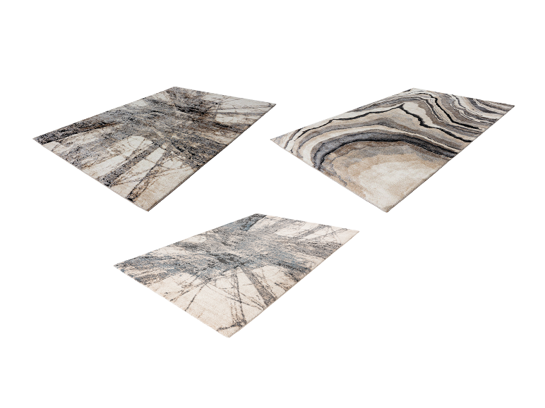 Trois tapis modernes dans des tons beige et gris avec différents motifs.