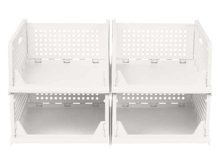 Conteneurs de rangement modulaires empilables blancs avec côtés perforés.