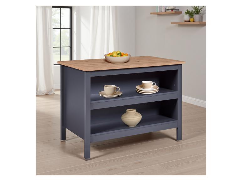 Îlot de cuisine bleu foncé avec plateau en bois et étagères ouvertes