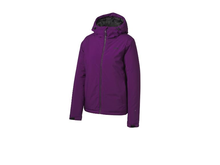 Veste de ski violette avec capuche et fermeture éclair.