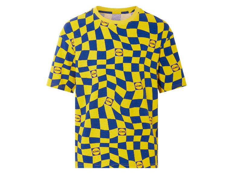T-shirt Lidl à carreaux jaunes et bleus.