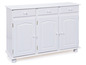 Commode blanche avec deux tiroirs et trois portes.