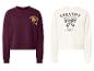 Deux sweatshirts : un bordeaux avec « Croissant Club » et un blanc avec « Creative Vibes ».