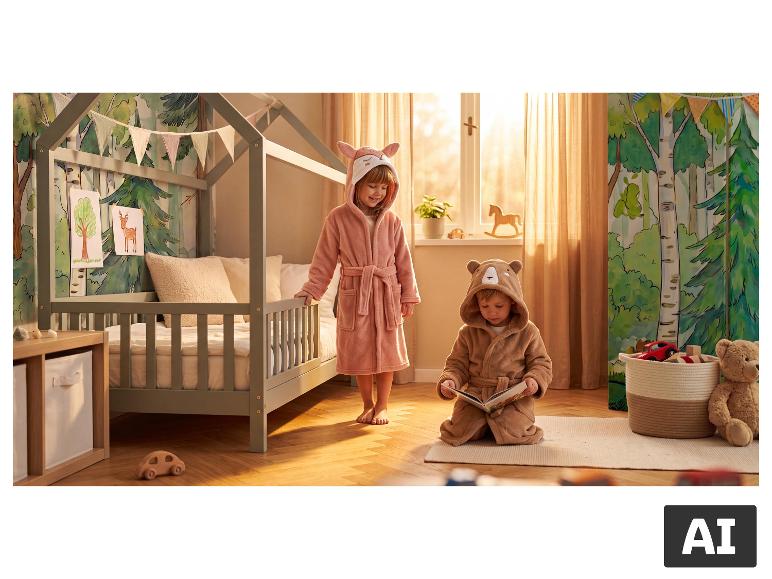 Enfants portant de doux peignoirs pour enfants LUPILU® avec capuche à oreilles d'animaux. [image générée par l'IA]