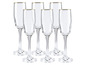 Six flûtes à champagne avec bord doré.