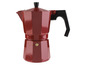 Une cafetière espresso rouge avec une poignée noire.