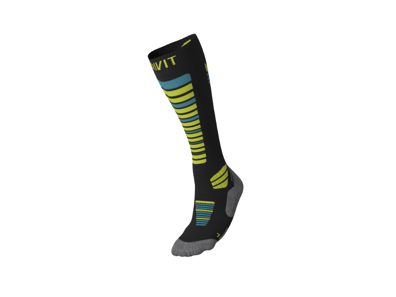 Chaussettes de sport noires avec rayures jaunes et bleues et bout gris