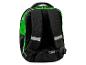 Sac à dos vert et noir avec bandes réfléchissantes et bretelles réglables, vue arrière.