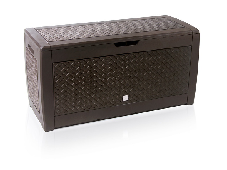 Une boîte de rangement brune avec un design tressé.