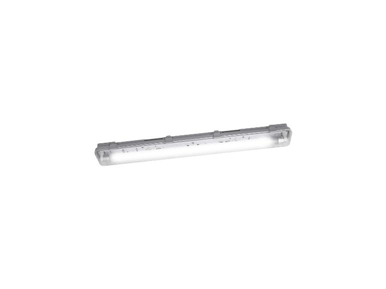 Luminaire LED gris et long avec lumière blanche.