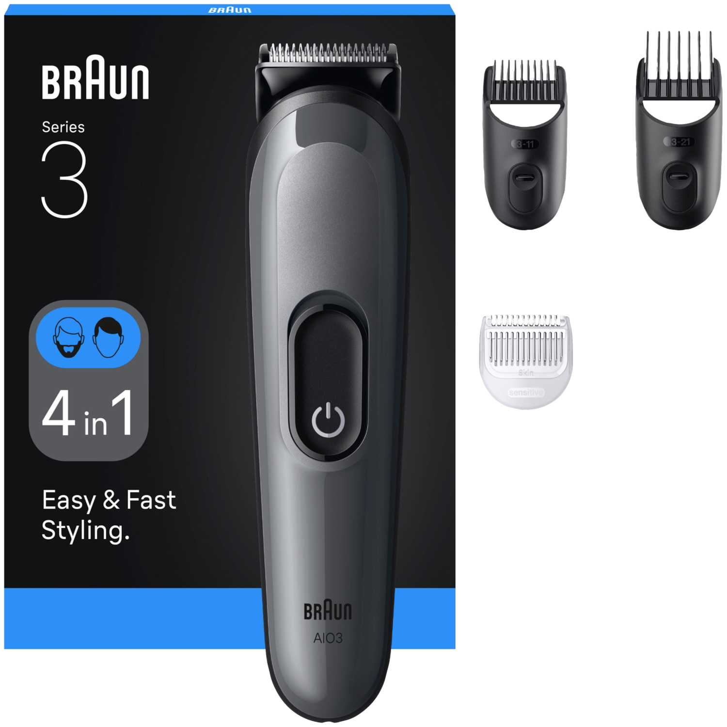 BRAUN Ensemble de rasage tout-en-un Série 3, 4-en-1 «AIO3500» lame ultra-tranchante.