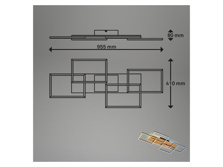 Dessin technique d'un plafonnier moderne avec dimensions et un petit encart du produit illuminé.