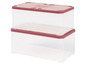 Deux boîtes de rangement transparentes avec des couvercles rouges