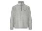 Sweat-shirt gris à col montant et fermeture éclair quart, avec un logo brodé sur la poitrine.