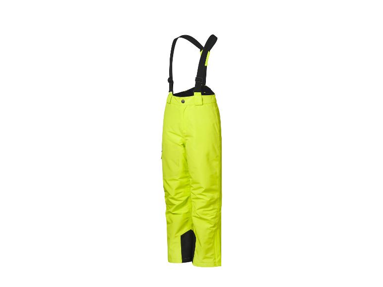 Pantalon de ski jaune fluo avec bretelles noires.