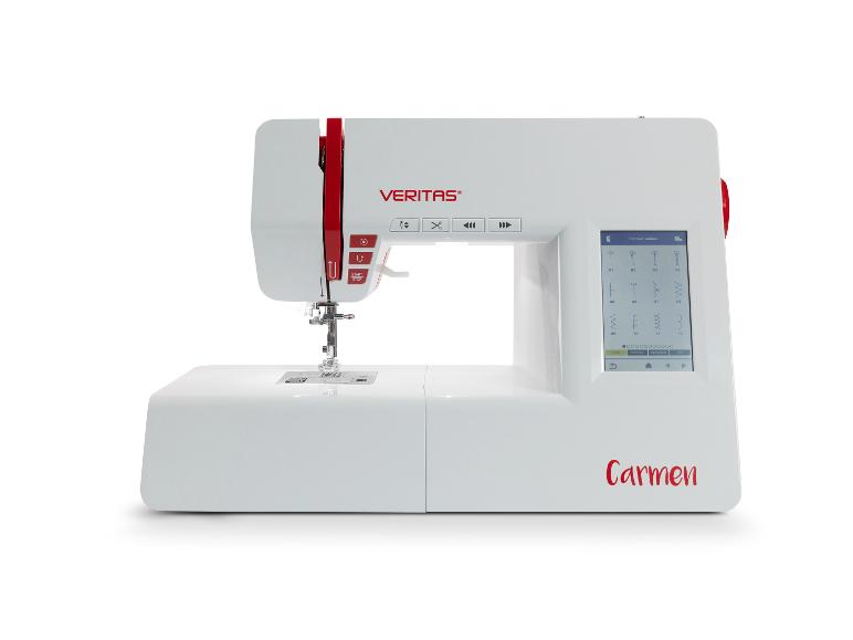 Machine à coudre blanche avec des détails rouges et un écran numérique avec des options de points.