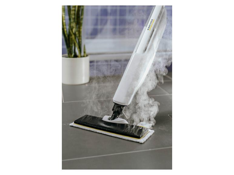 Balai vapeur nettoyant un sol carrelé foncé, avec une plante en arrière-plan.